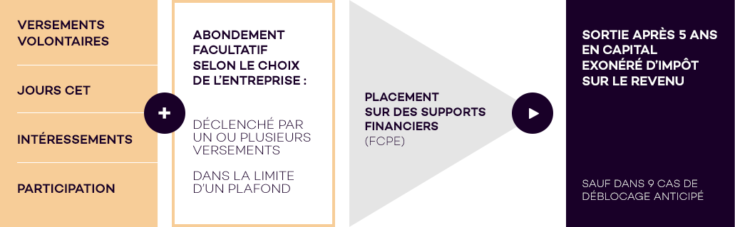 Selon les options retenues par l’entreprise signataire, diverses sources de versements peuvent venir alimenter un plan d’épargne entreprise : versements volontaires, jours CET, Intéressement, Participation et/ou Abondement.